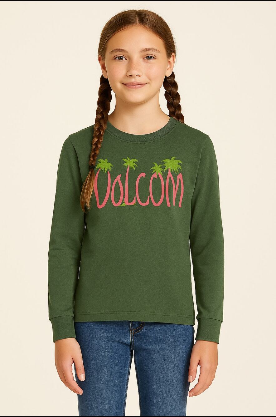 Volcom Girls Small 7/8 Green Long Sleeve Shirt Palm Tree Logo NWT Casual